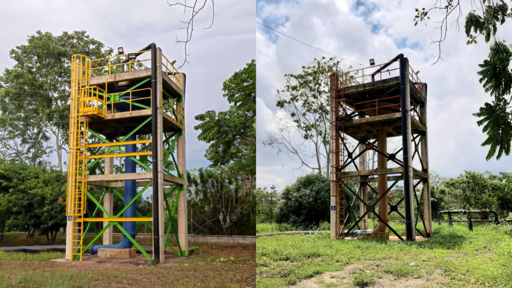 Comparativo antes y después de estructura industrial con escalera tipo gato, barandas y elementos en FRP HORN
