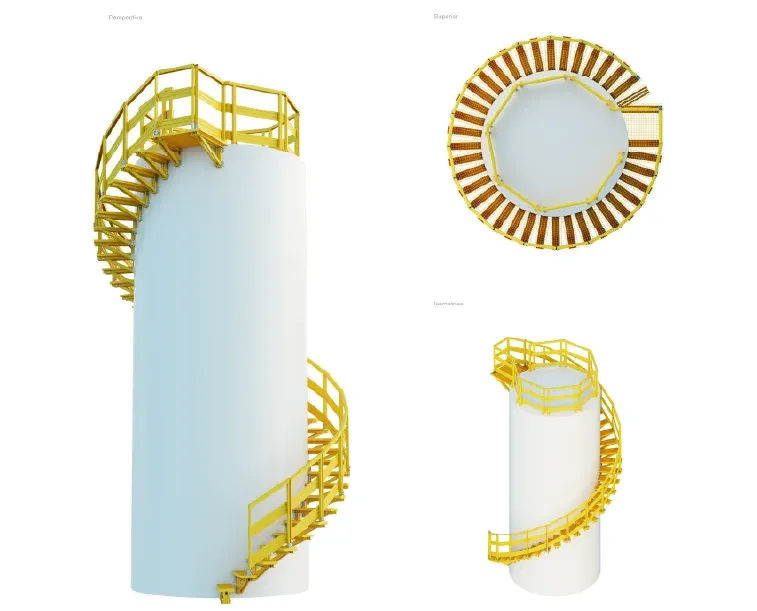 Diseño de escalera helicoidal en fibra de vidrio para tanque industrial, con vistas en perspectiva y superior