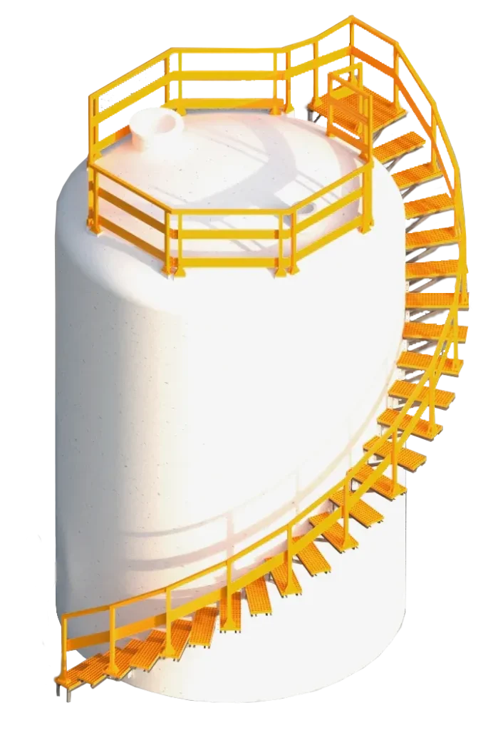 Escalera helicoidal industrial HORN en fibra de vidrio con plataforma de acceso y barandas para tanque de almacenamiento